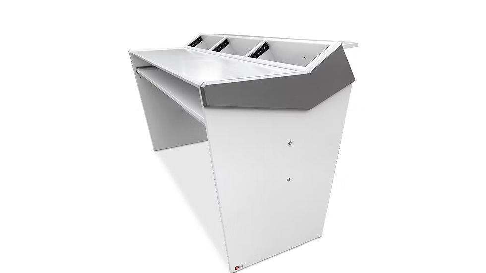 white and gray geometric studio desk 