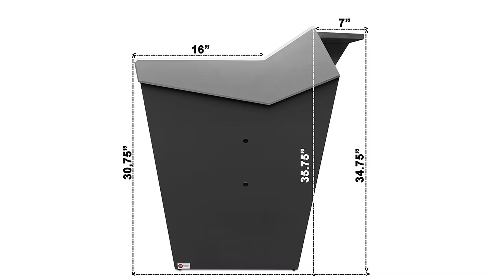 Measurement chart of a black and gray object with dimensions labeled.