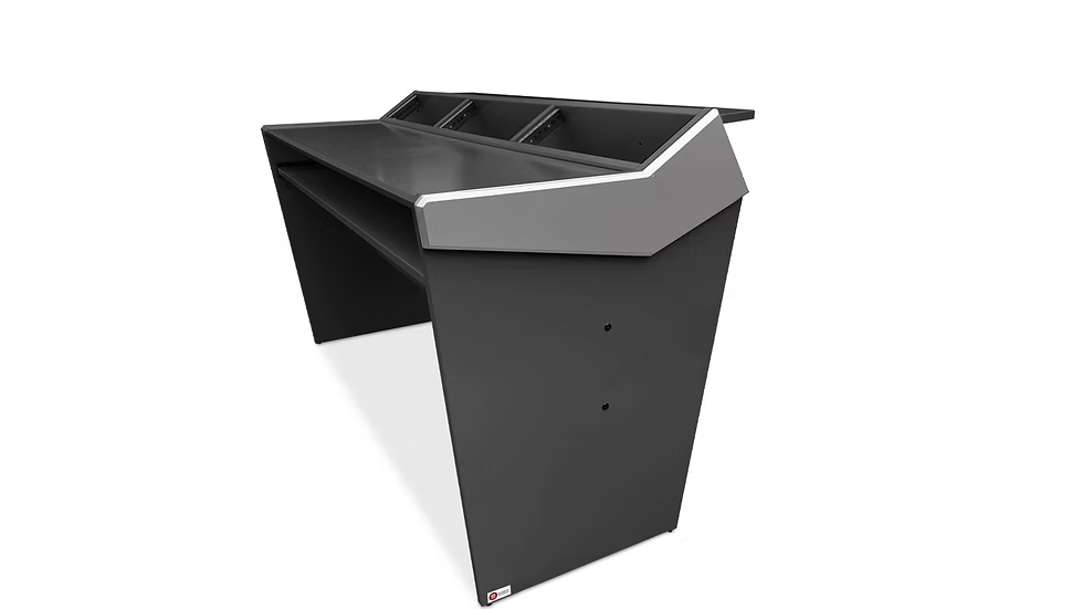 Black office desk with storage compartments