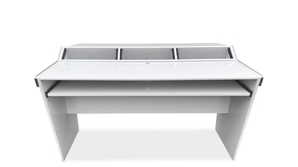 Modern white studio desk with keyboard tray and rack space