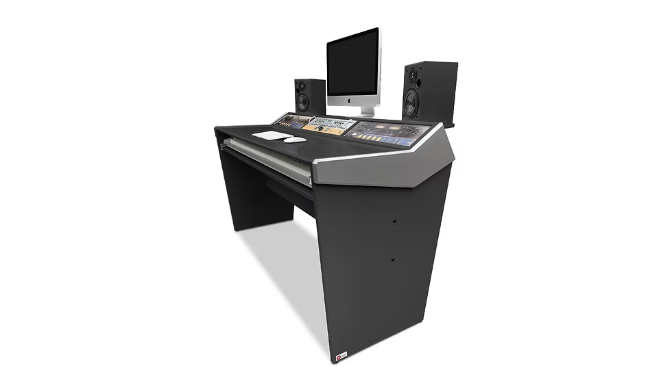 Studio desk with computer, audio equipment setup
