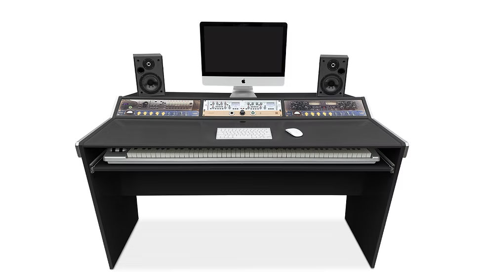 Music production station with keyboard, monitors, and speakers on a white background