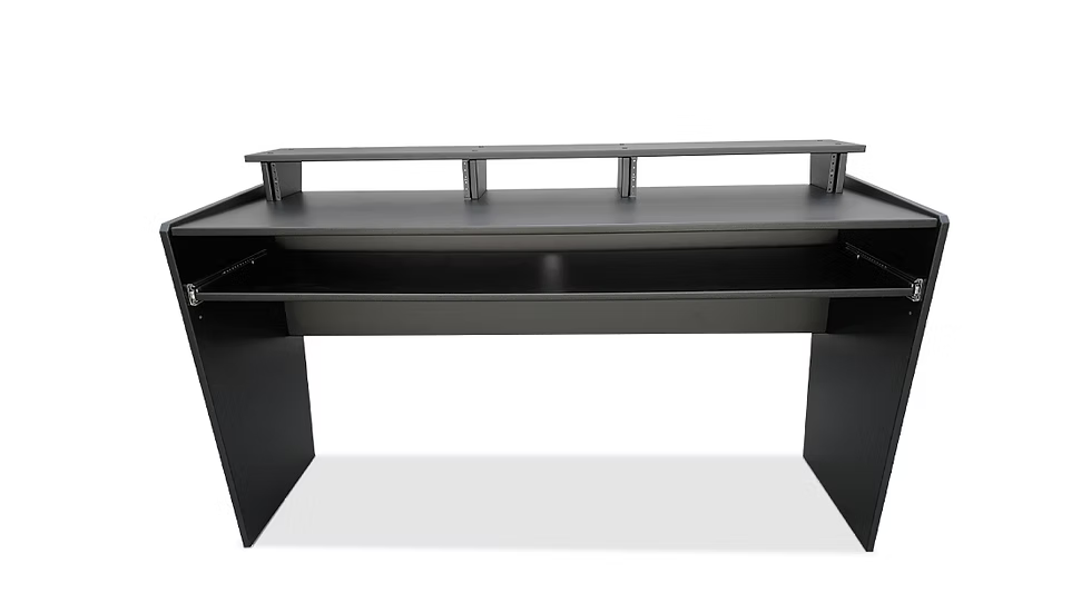Black computer desk with a white background