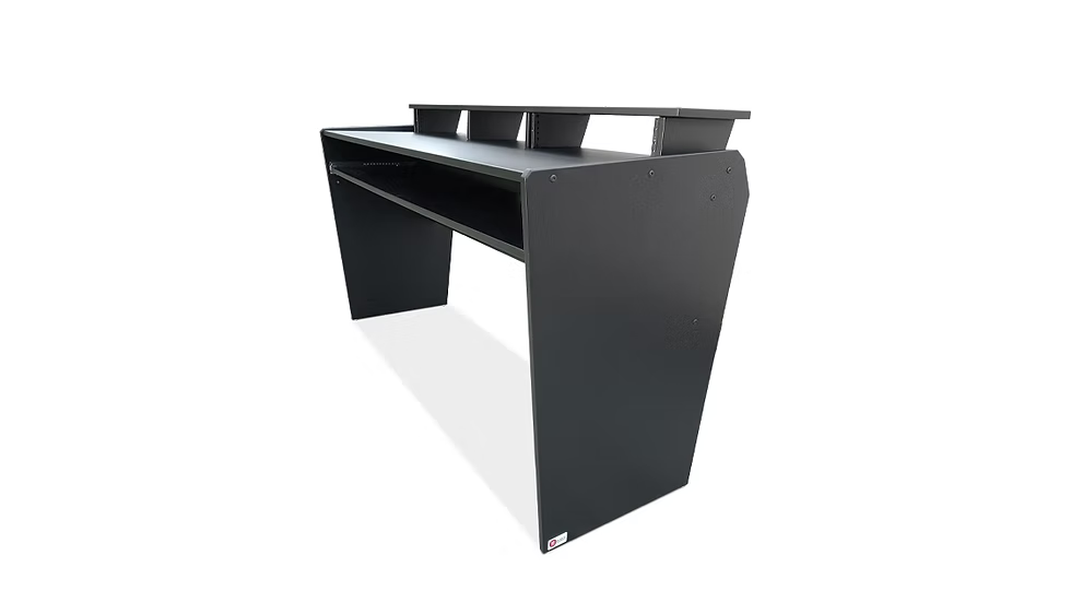 Black computer desk with angular design and sturdy side supports