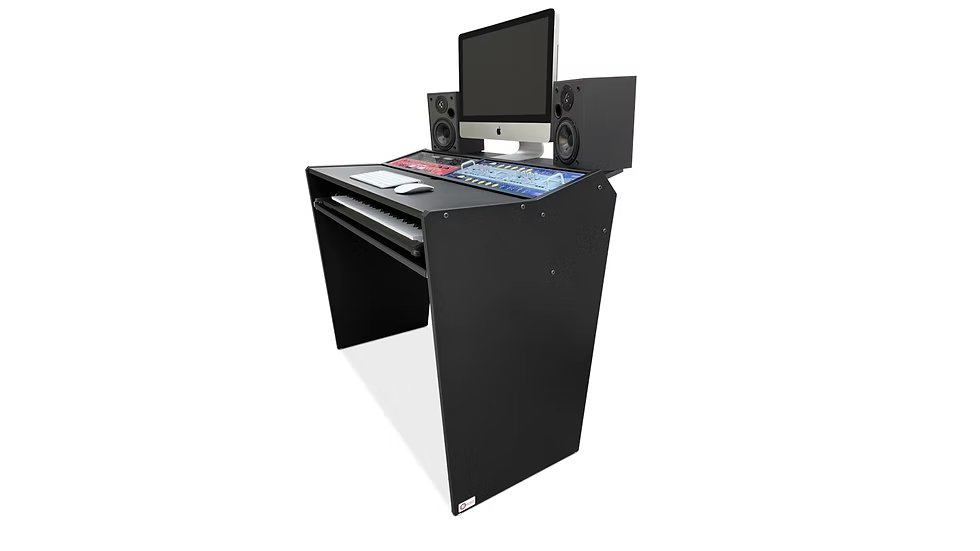 Black audio mixing console with multiple speakers and mouse on the desk