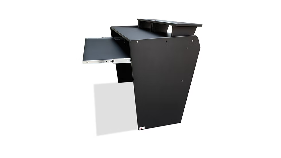 Black computer desk with sliding keyboard shelf