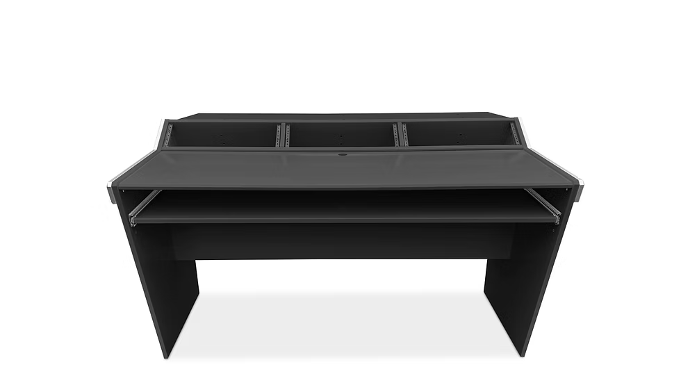 Black computer desk with multiple compartments on a white background