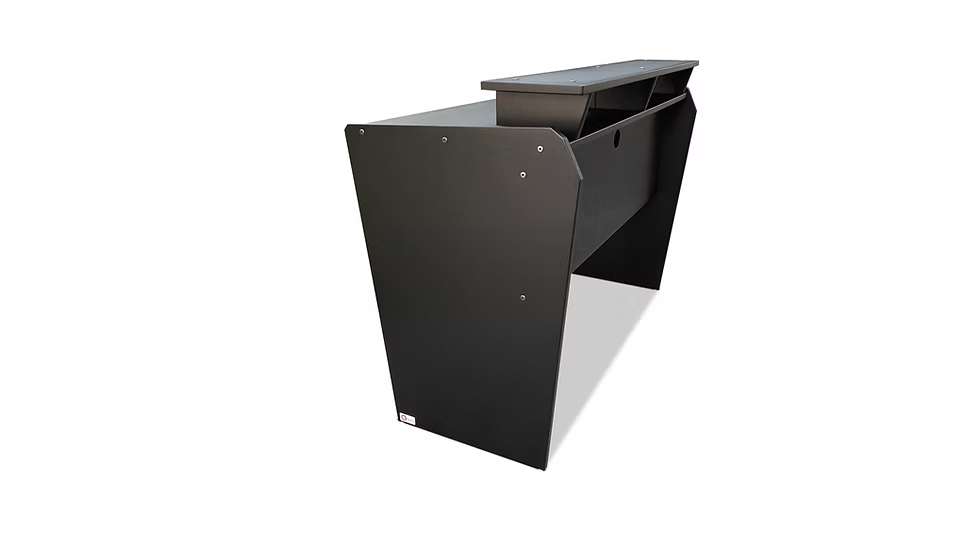 Compact black workstation desk with pull-out tray and modern angular shape