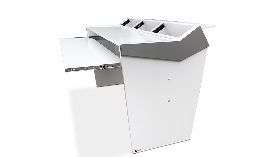 white and grey studio desk with storage compartments