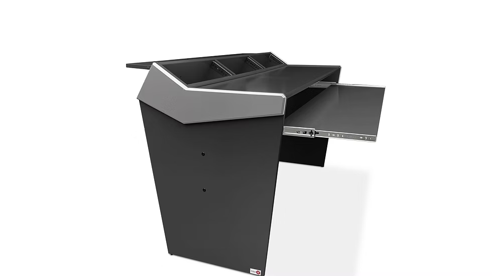Black and gray studio desk with rack spaces and keyboard tray