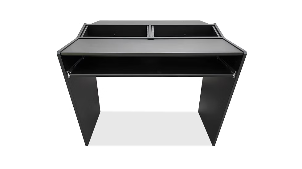 Black computer desk with sliding keyboard tray