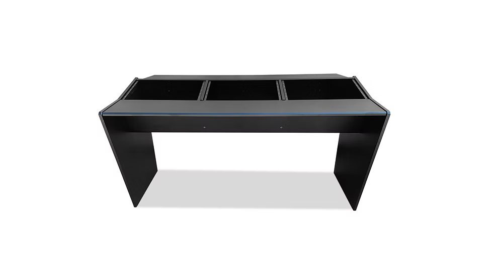 Black minimalist office desk with shelf