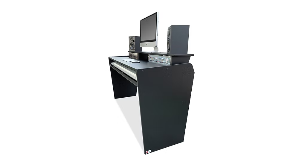Black mixing console with computer and speakers