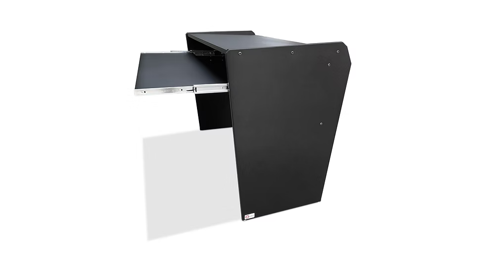 Black electronic equipment stand with a white square