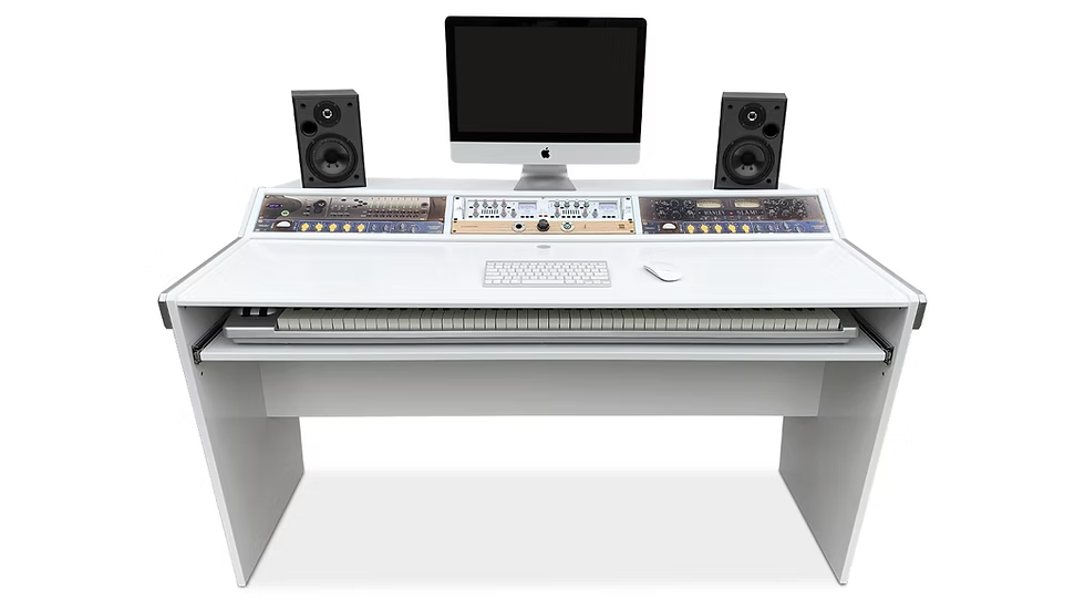 White music production desk with audio equipment on a white background