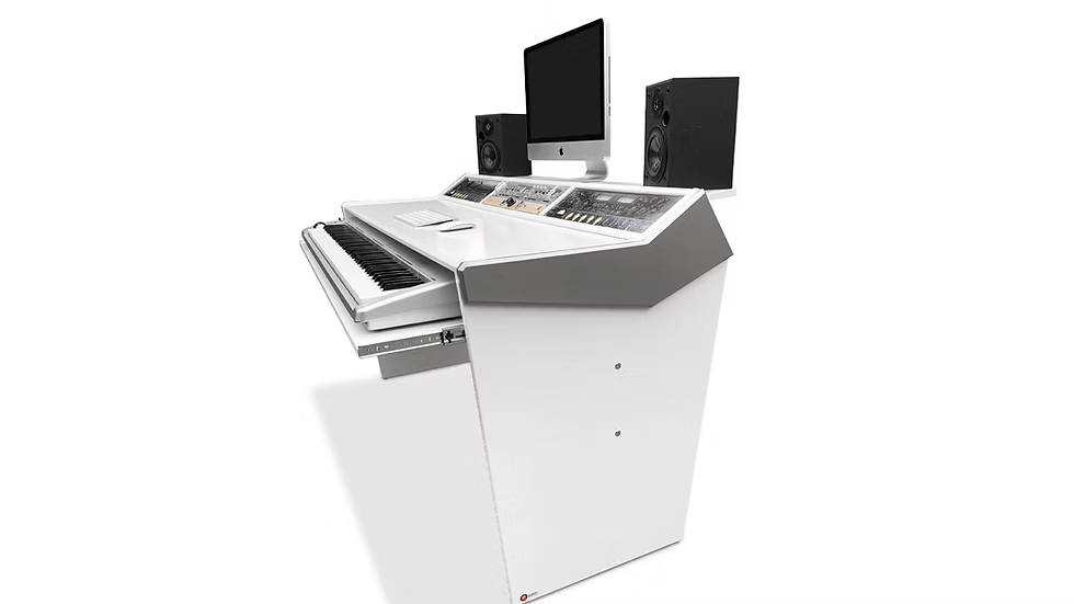 Music production station with keyboard, monitors, and speakers on a white background
