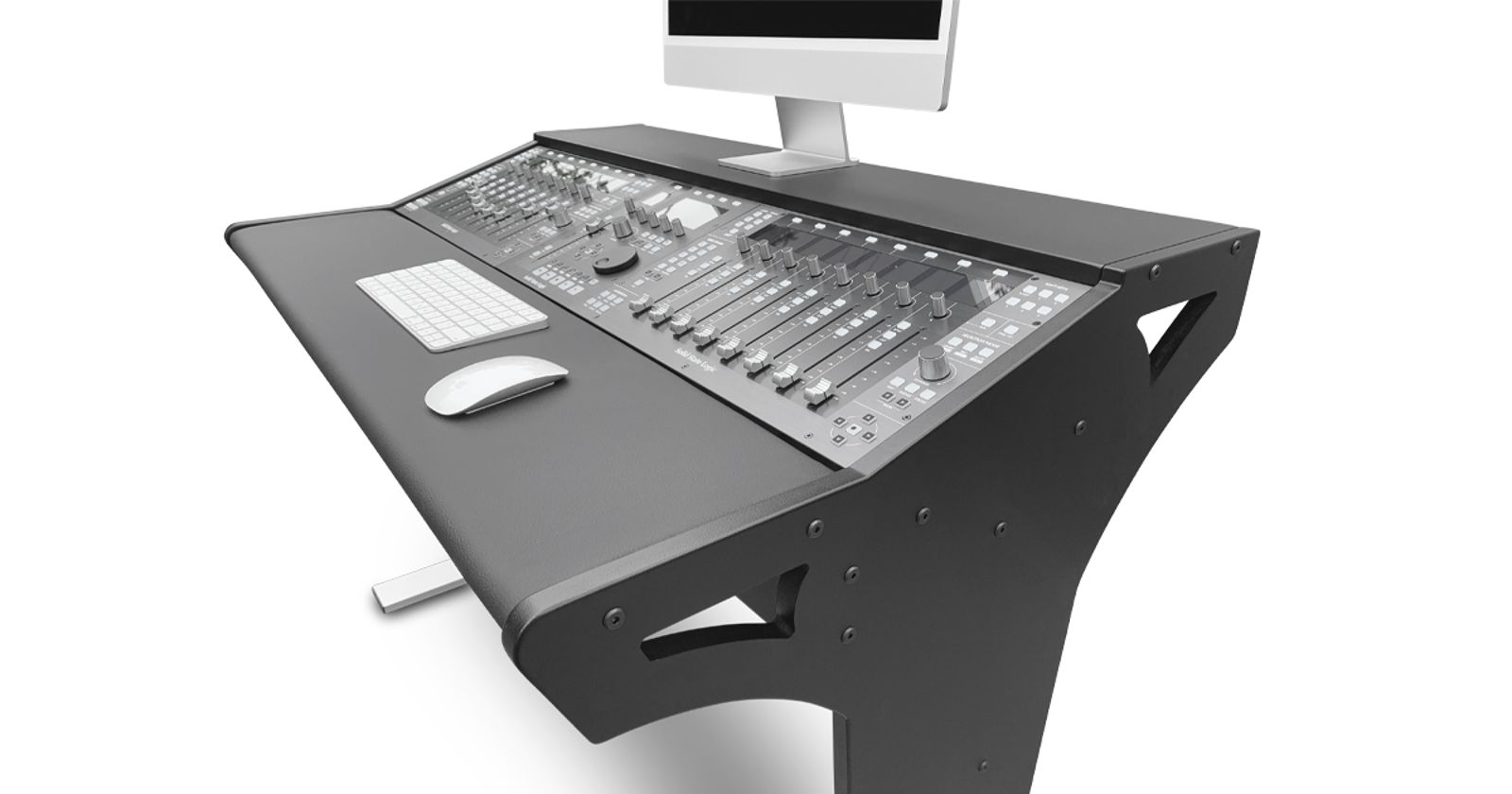 Control panel with computer monitor, keyboard, and mouse on a white background