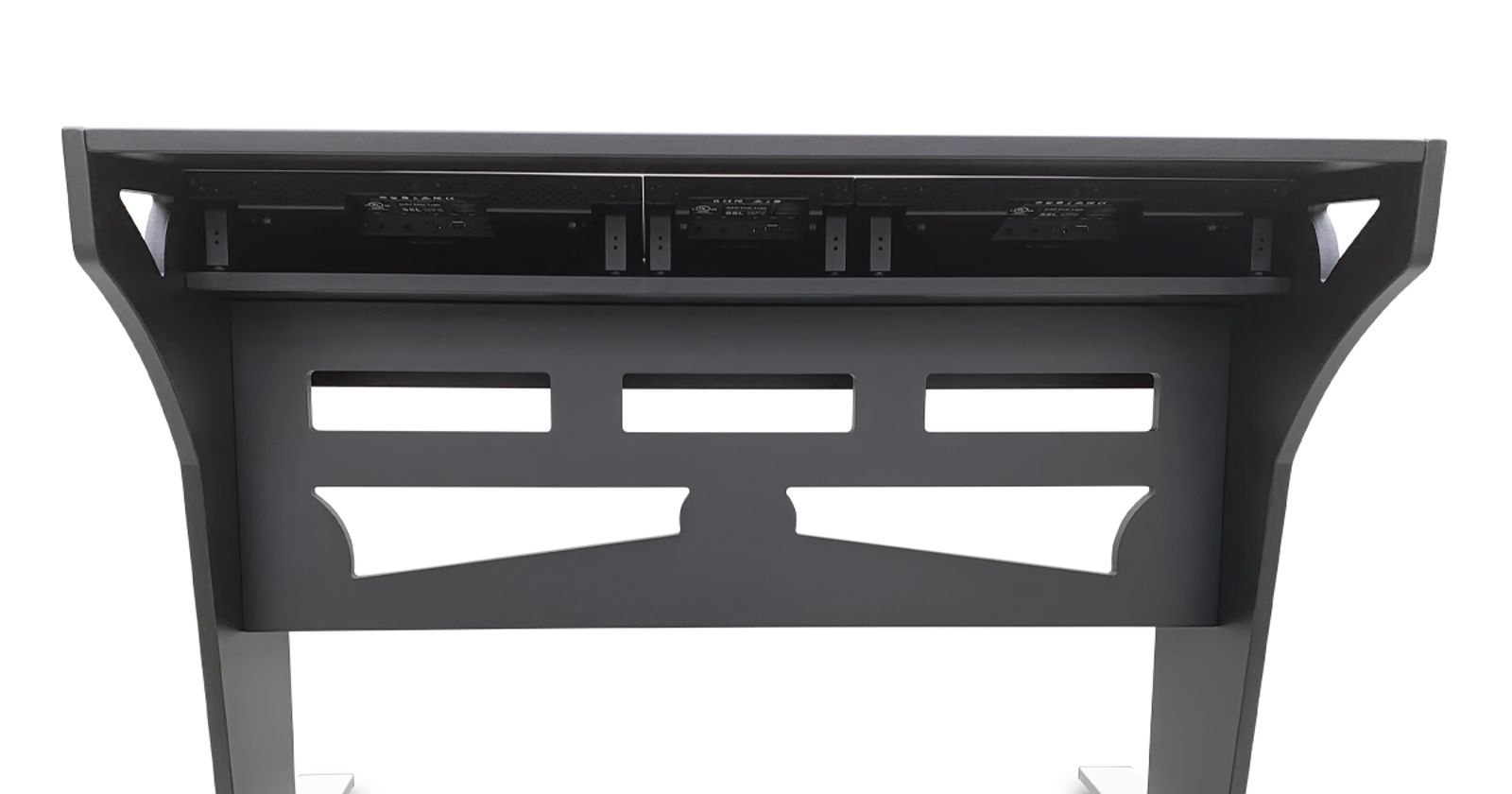 Black metal stand with cut-out design on a white background